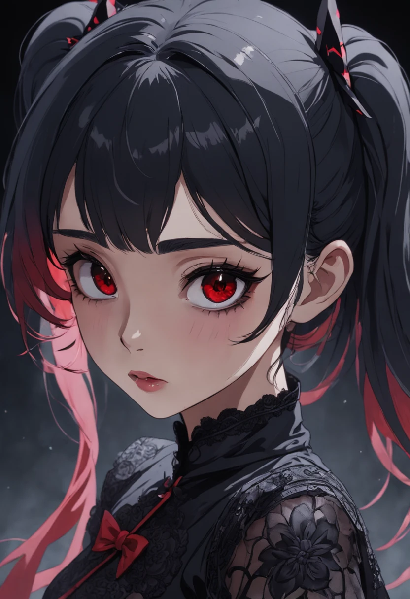 A close up of a girl with red eyes and a ponytail - SeaArt AI