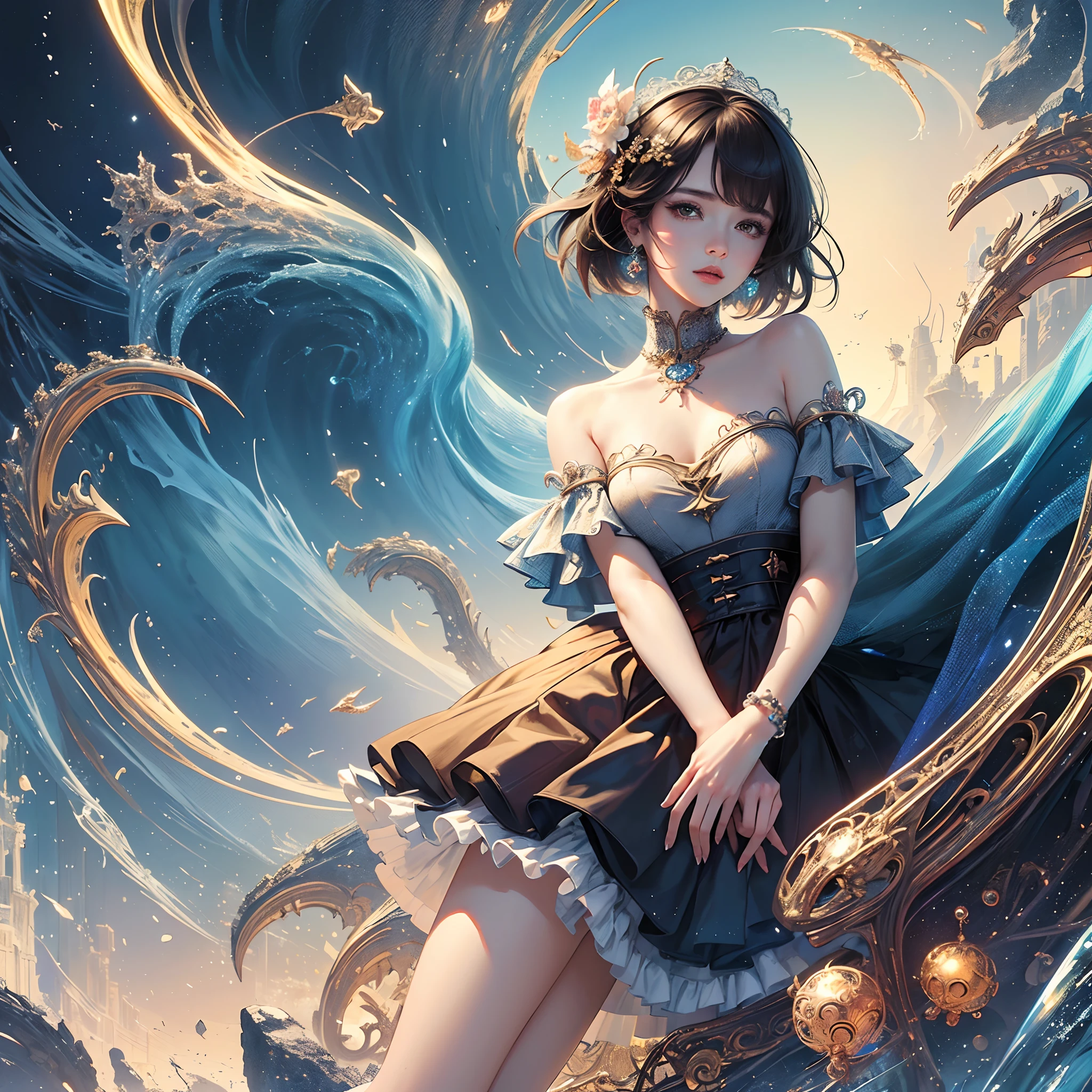 Anime girl in a dress sitting on a giant wave - SeaArt AI