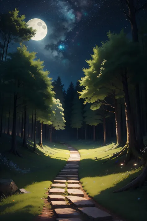 a path in the middle of the verdant forest and a starry sky with a full moon