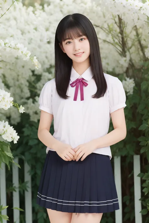 masterpiece, best quality, 1girl, nogizaka_costume, cowboy shot, thighs, beautiful girl, flowers, many small petals, garden, blue sky, looking at viewer, small waist, official art, raw photo, incredibly absurdres, facelight, dynamic lighting, cinematic lig...