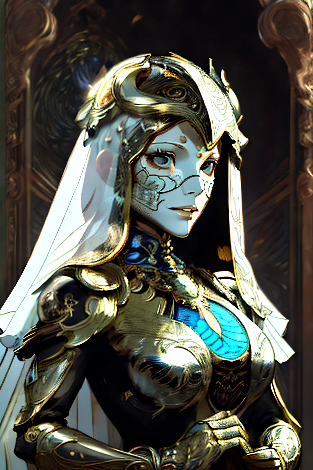 Masterpiece of an assertive, gold and porcelain female robot with a (bone-white porcelain mask), wearing a veil, grotesque, detailed clothing realistic, intricate stained glass background, holding a book in one hand - high quality, best quality,