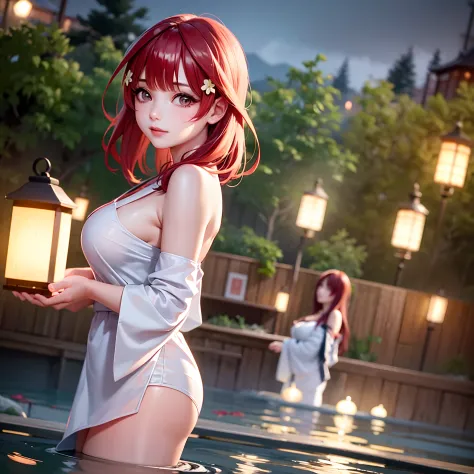 1girl, breasts, moon, lantern, night, solo, large breasts, hair ornament, wet, kimono , wading, water, hair flower,red hair, flo...