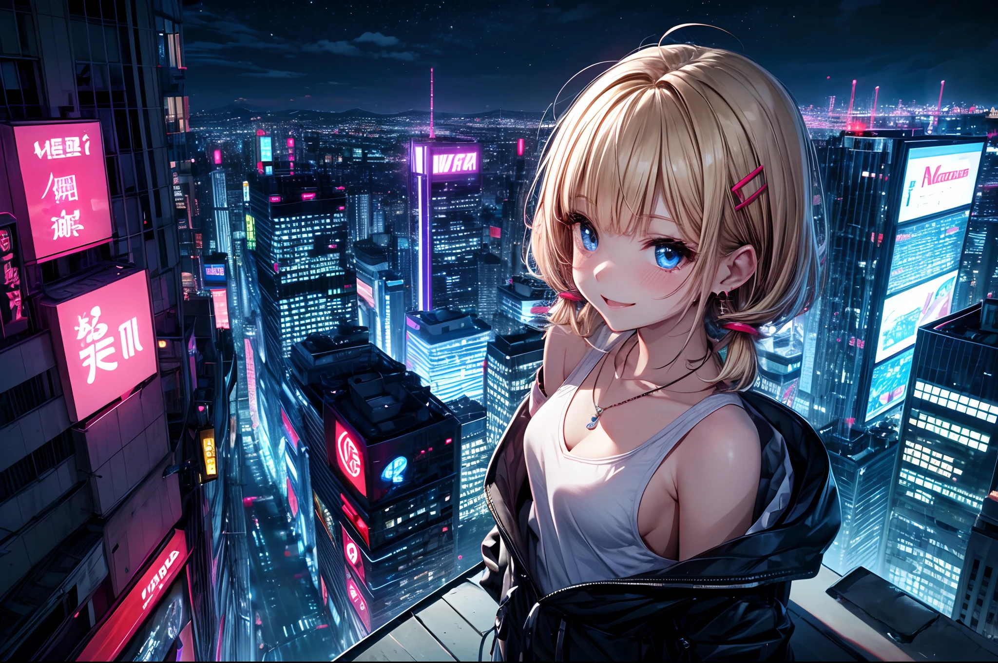 absurderes, (独奏:1.5,)ultra-detailliert,bright colour, extremely beautiful detailed anime face and eyes, view straight on, ;D, shiny_skin,25 years old, Happy smiling face、Short hair, , asymmetrical bangs, Blonde hair with short twin tails, Shiny hair, Delicate beautiful face, red blush、(Blue eyes), White skin, hair clips, earrings, a necklace, onepiece、(Midnight Tokyo)、(Lots of neon:1.3),(highrise buildings:1.2),(Scramble crossing)