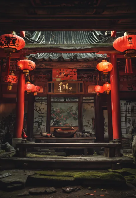 in ancient, Dilapidated Taoist temples, In a quiet atmosphere，inside in room，中景 the scene is