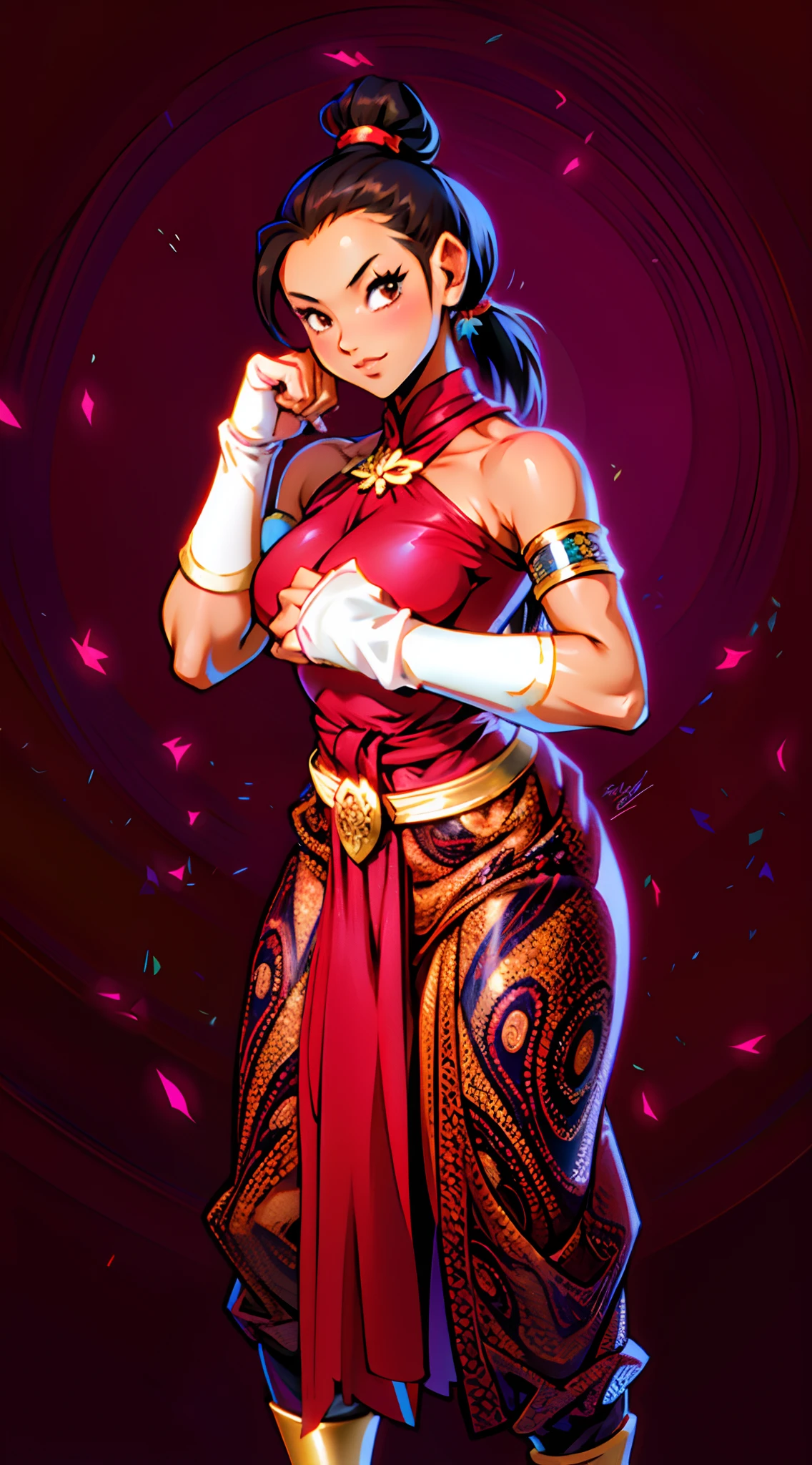 anime style, Southeast Asian, Khmer woman, woman, Khmer, Cambodian, full body from head to toe, dark tanned skin, brown ponytail updo hairstyle, I want the picture to be complete and accurate exactly like the picture, clinched fist, (center position), random boxing pose, all pure white background,
