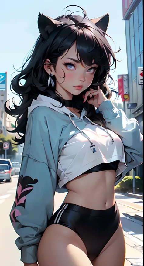 girl spacepunk,(((1girl))),((anime girl with extremely cute and beautiful black hair cat ears walking seductively down the stree...