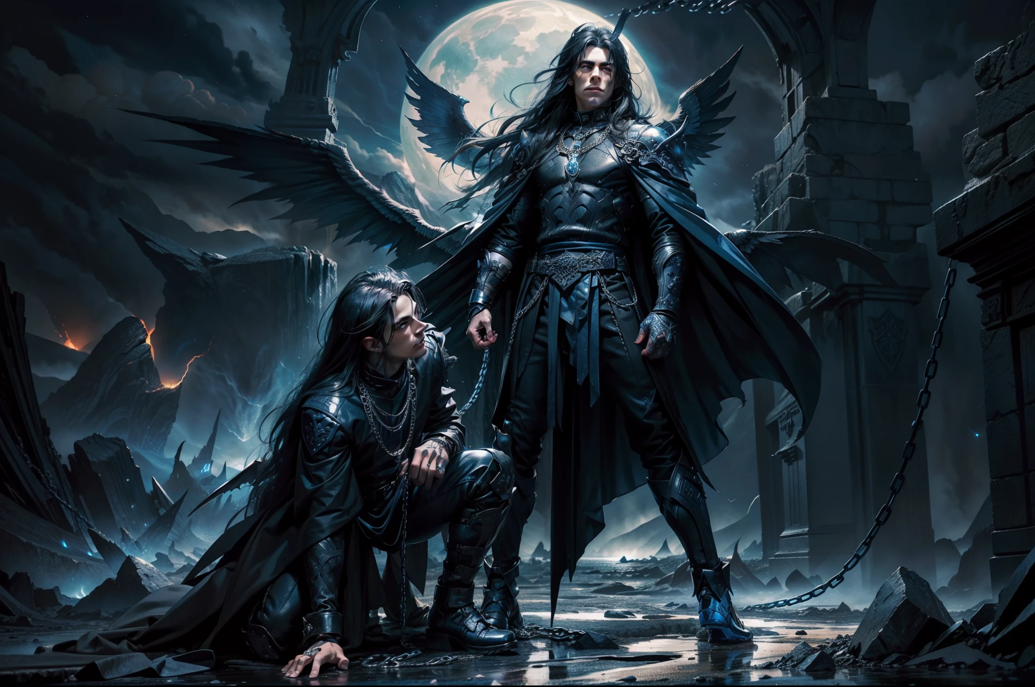 Young man as an fallen angel. Athletic, dressed with blue and black leather rags, big bat wings in sapphire and aquamarine. Long dark hair, chains, dynamic scene. Night. Lava and volcanos on the background.