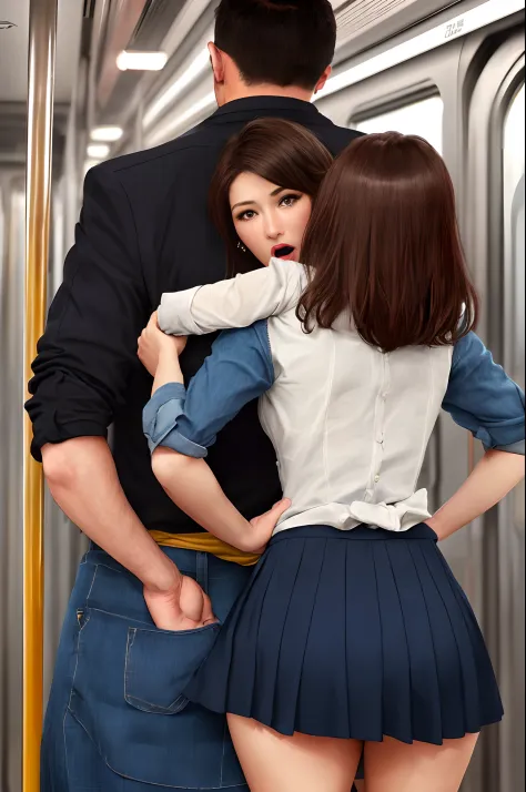 sfv, Realistic, Masterpiece, Very crowded subway train interior detailed scene, Very crowded subway train interior detailed background, Stand crazy (Woman 1) Use sexy ((school uniform)), (((lifted skirt)), (Big ass), (Thick), (Fear expression), Be red in t...