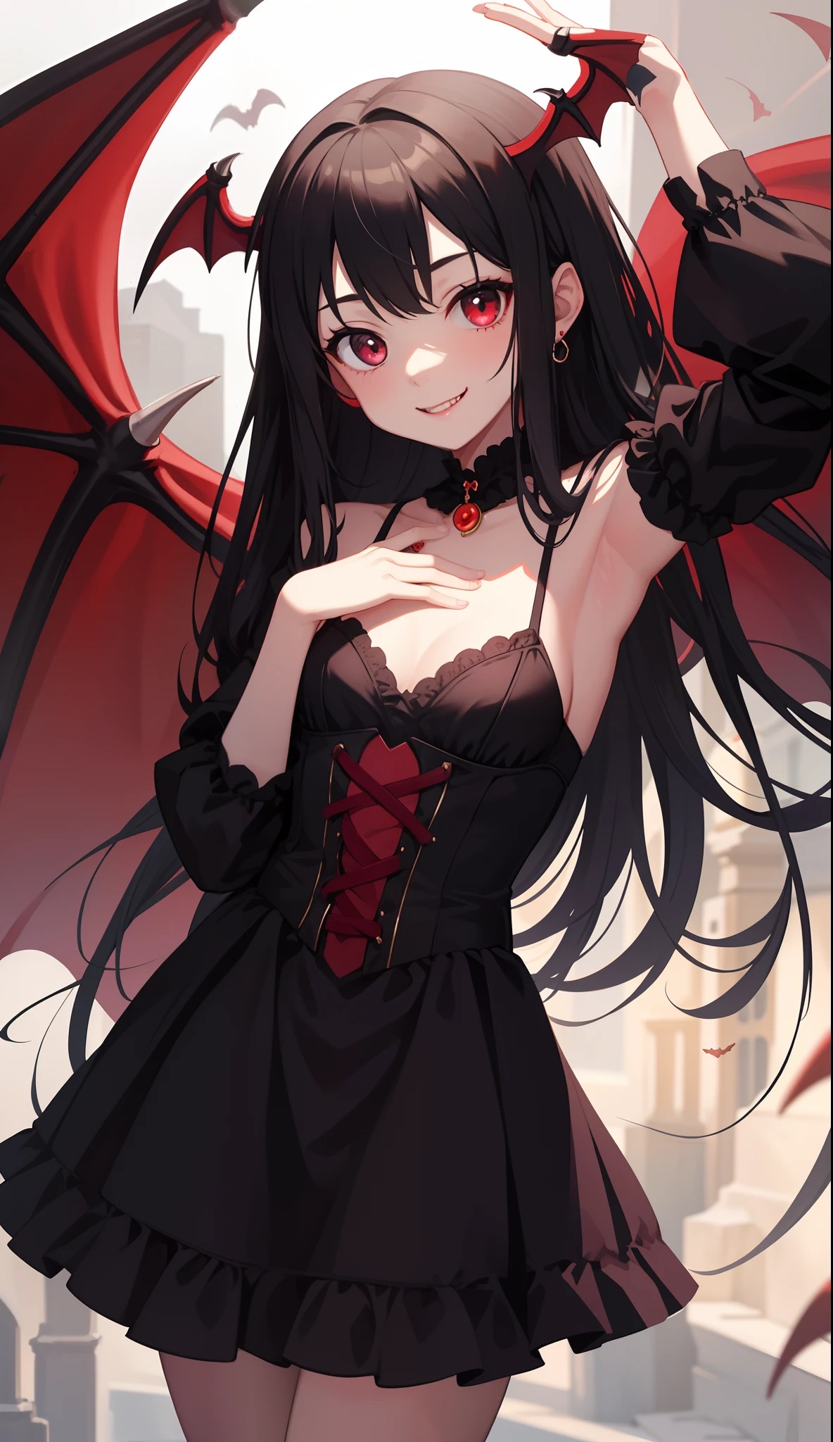 A woman in a black dress with a red demon on her shoulder - SeaArt AI