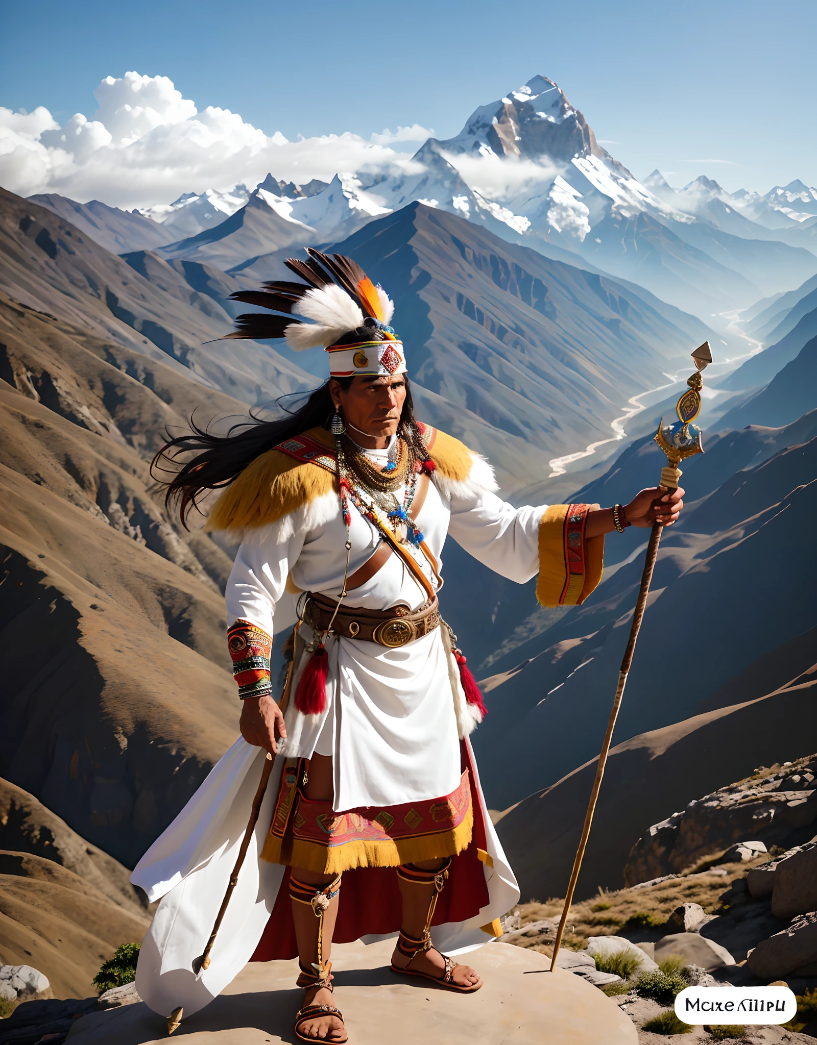 Hombre indígena inca de 50 años con ropa blanca y dorada sosteniendo una lanza y de pie sobre una roca, en el fondo montañas de hielo Himalaya Tíbet, Guerrero indio con ropa de chamán, quechua, súper detallado, 8k, hiper realismo,