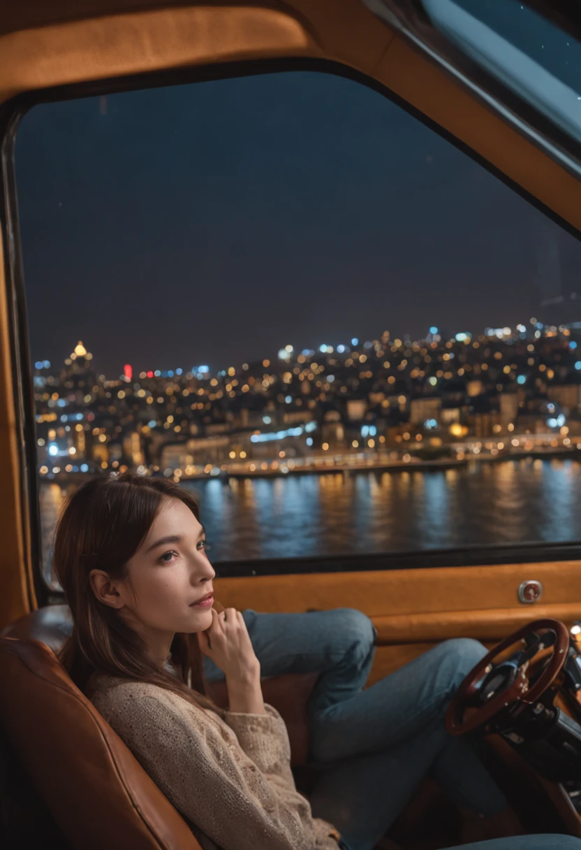 Woman sitting in a car looking out the window at a city - SeaArt AI