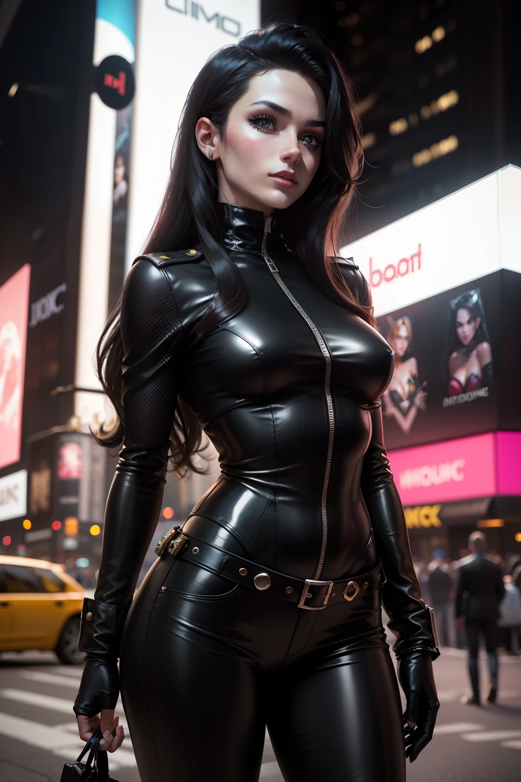 ニューヨーク市, タイムスクエア, キャラクター セリーナ カイル, DCコミックスが発行する漫画に登場する人物, バットマン物語のアンチヒロイン. 彼女の制服は真っ黒だ, 本当に "光沢のある黒のPVC", 白くて長い髪をしている, 美しい若い女性であること. 彼女の名前と外見のテーマは、彼女が "猫", あれは, 泥棒, 特に宝石類. (最高品質: 1.0), (超高解像度: 1.0), 非常に詳細な顔と目, (写実的な: 1.2)