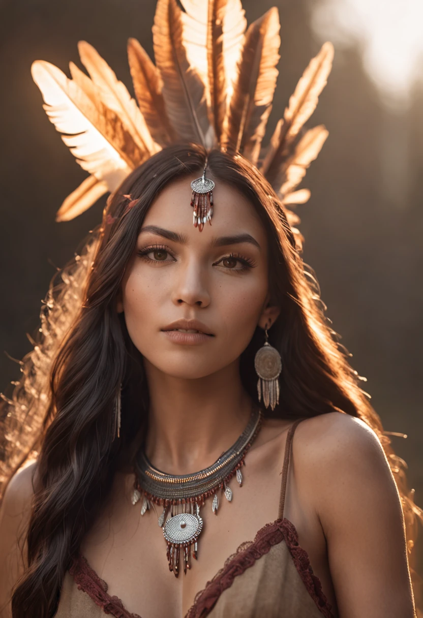 ultra detailed artistic photography, Native American beautiful Apache female, tee pee, moonlight, fire pit, feathers, sexy, dreamy, glowing, backlit, shadows, oil on canvas, smooth, ultra high definition, 8k, ultra sharp focus,  intricate artwork masterpiece, flowy outfit, highly detailed, vibrant, production cinematic character render, ultra high quality model