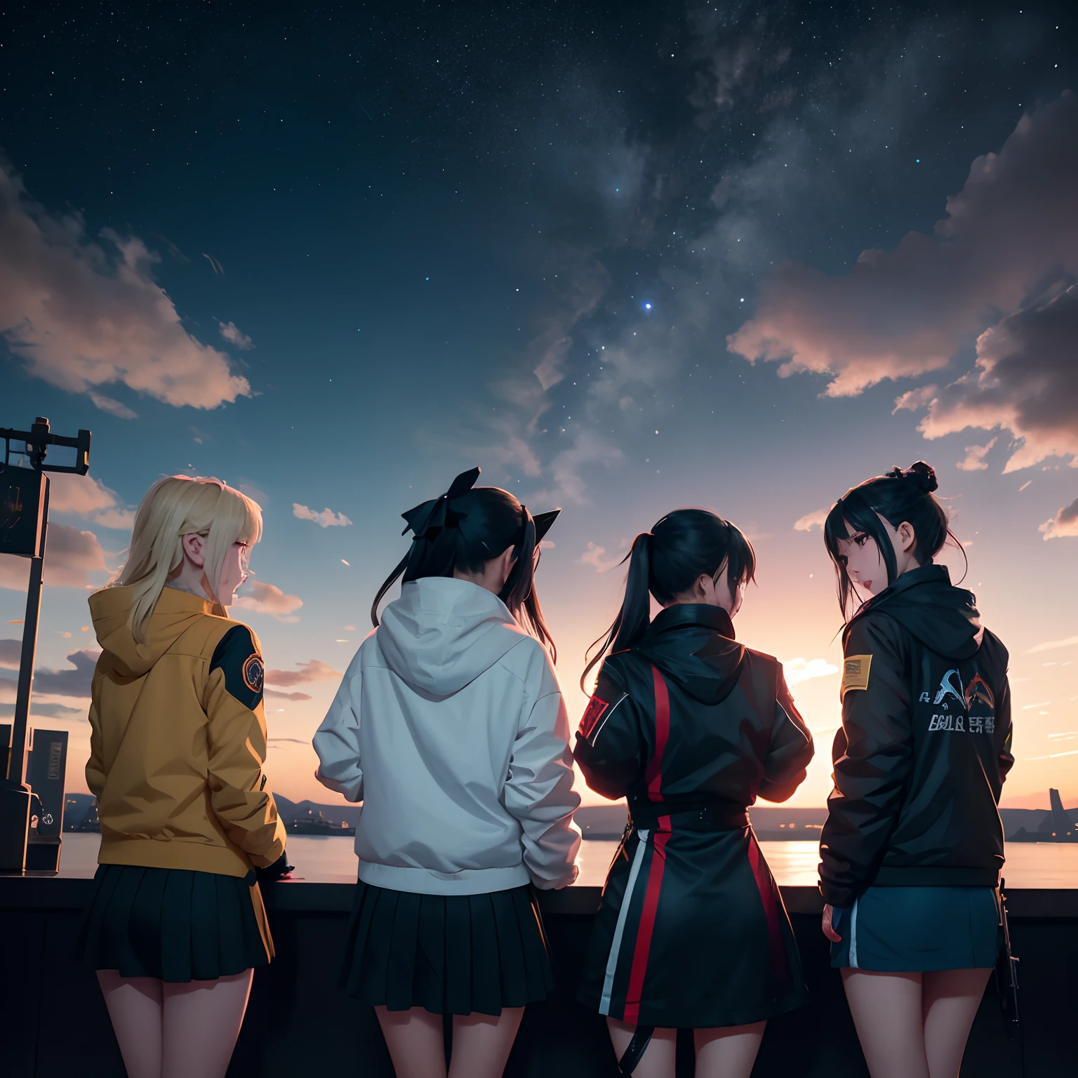 Tres niñas y un niño están parados frente a un cielo nocturno, universo de primera línea de chicas, guweiz en pixiv artstation, chicas de primera línea cg, Fondo de pantalla manga 4k, obra de arte al estilo de guweiz, mejor fondo de pantalla de anime 4k konachan, Estilo de la colección Kantai, guweiz en artstation pixiv, guweiz, estilo de primera línea de chicas