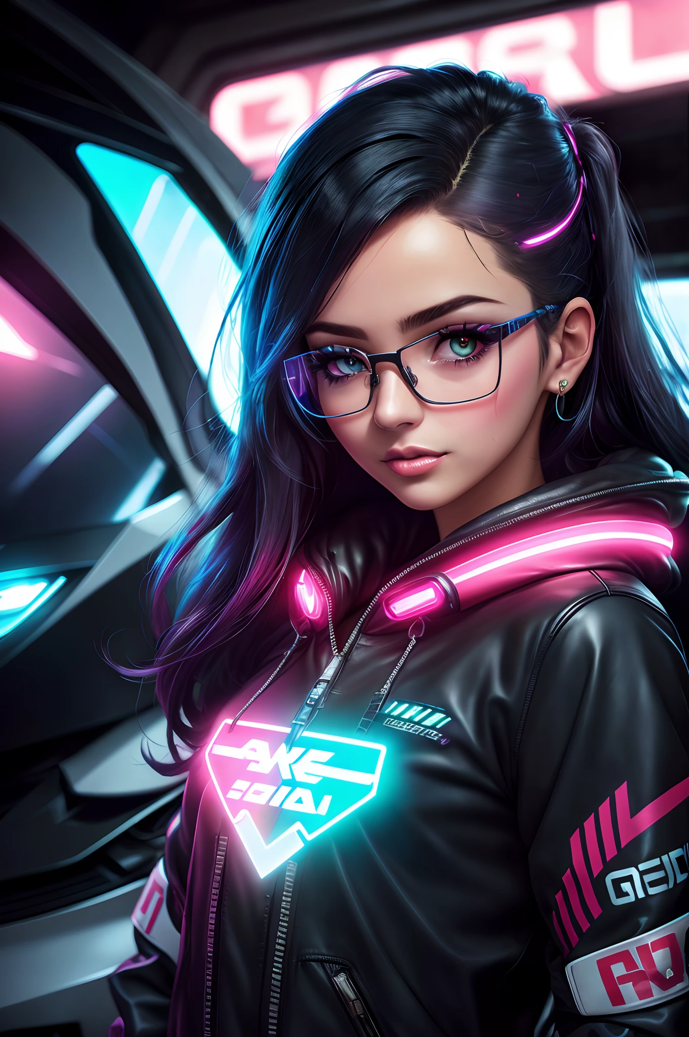 Um closeup de uma mulher usando óculos e uma jaqueta de couro, menina cyberpunk sonhadora, cyberpunk menina bonita, menina de anime cyberpunk feminino, garota anime cyberpunk, arte digital do anime cyberpunk, O retrato da menina cyberpunk, Garota de Anime Cyberpunk com capuz, Cyberpunk 2 0 e. o modelo menina, estilo de arte cyberpunk, cyberpunk digital - arte de anime, Garota cyberpunk, cara bonita do cyberpunk