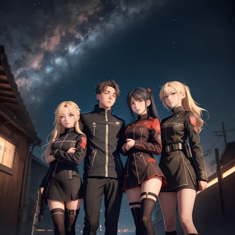 three girls and a boy are standing in front of a night sky, girls frontline universe, guweiz on pixiv artstation, girls frontlin...