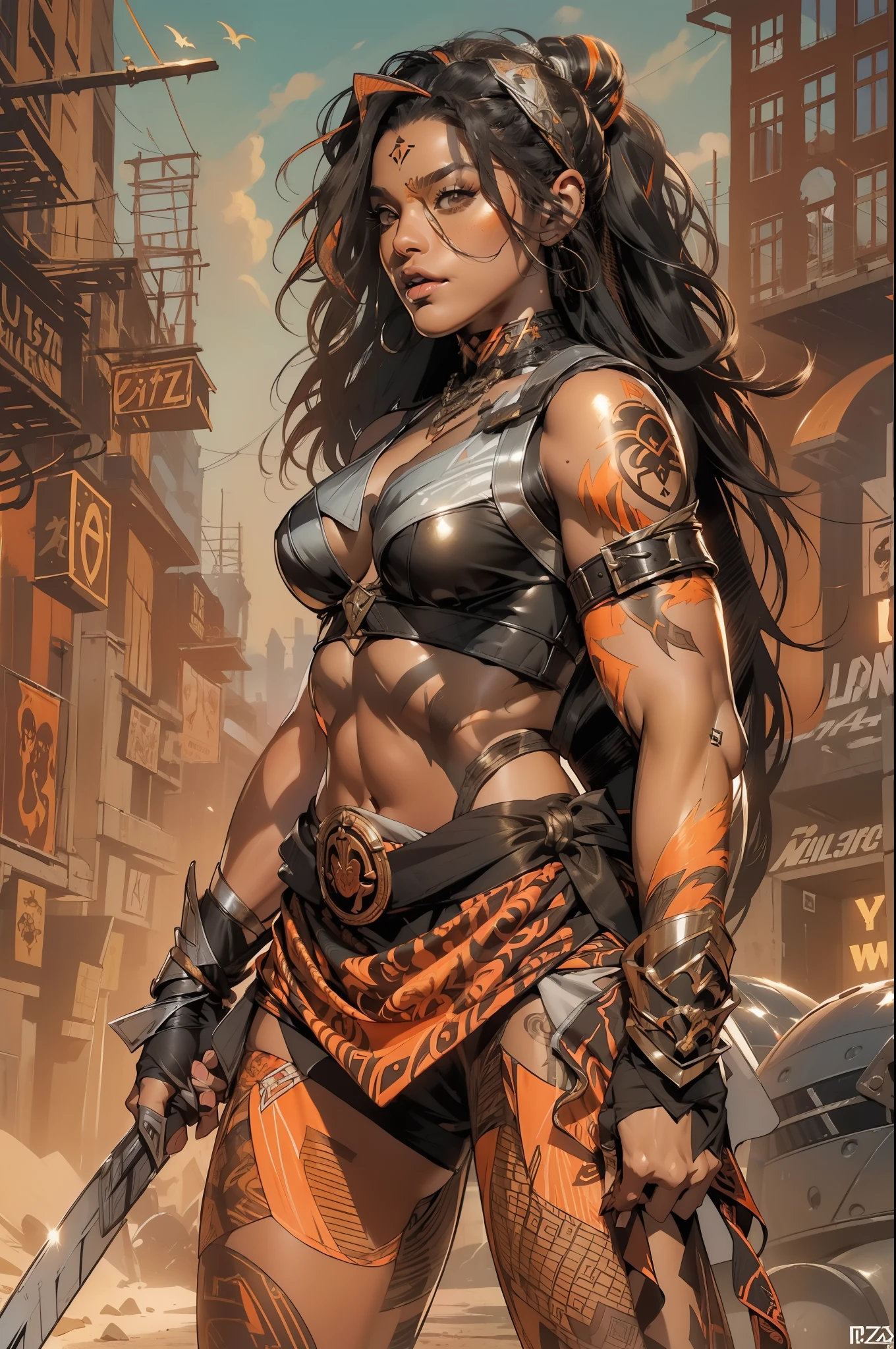 (((Woman))), (((best qualityer))), (((​masterpiece))), (((grown-up))), orange, A 30-year-old gladiator woman with an athletic body, (((standing alone))), (((1girl))) , Brooklyn Gladiators, almost naked in Simon Bisley&#39;s wild urban style for the cover of Heavy Metal magazine, black hair with ponytail, Minimum clothing, wavy pattern with orange and black katakanas, armour, full of spikes and rivets, (((from the knee up))), bob haircut black hair