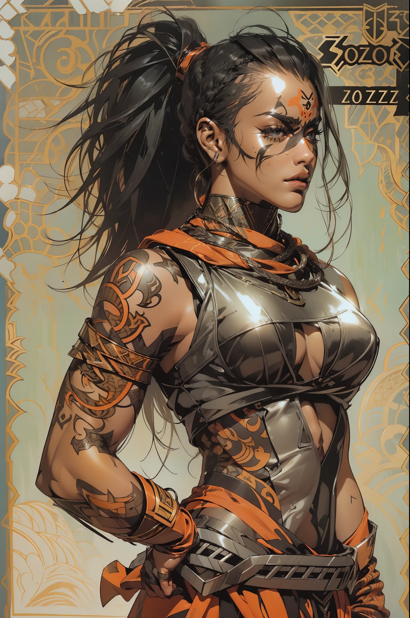 (((Woman))), (((best qualityer))), (((​masterpiece))), (((grown-up))), orange, A 30-year-old gladiator woman with an athletic body, (((standing alone))), (((1girl))) , Brooklyn Gladiators, almost naked in Simon Bisley&#39;s wild urban style for the cover of Heavy Metal magazine, black hair with ponytail, Minimum clothing, pattern with orange and black katakanas, armour, full of spikes and rivets, Yakuza tattoo, (((from the knee up))), bob haircut black hair