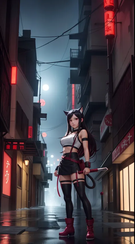 Tifa Lockhart as Nezuko Kamado Demon's Slayer with cat ears and tail cat in a Cyber street, Scary Fog and Rain in the Street