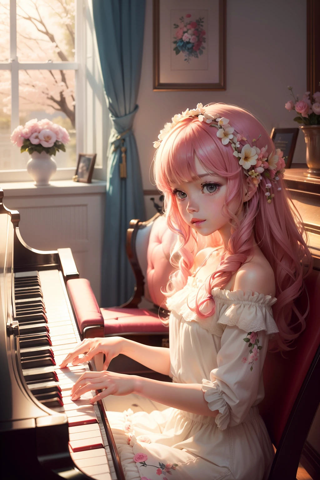 playing piano　Playing the piano keys　Press a key　girl with　The hair　long to　Clear eyes　colourfull　Active　pop music　Music　Artistically　art by　colourfull　natural soft light　Steinway　elegent　Beautiful　Open　florals　cherry trees　of flower gardens　cute