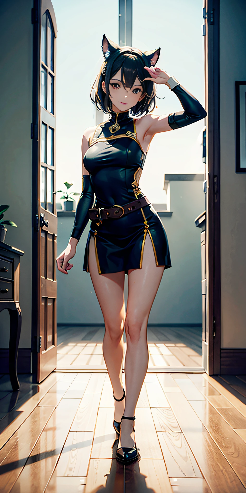 Anime girl in a black cat suit posing in a hallway - SeaArt AI