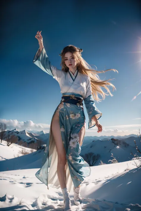 (full bodyesbian:1.5)，(1girll:1.3),(view the viewer:1.4)，(anatomy correct:1.4),(Exposed Hanfu:1.3),(Dance on top of snowy mounta...