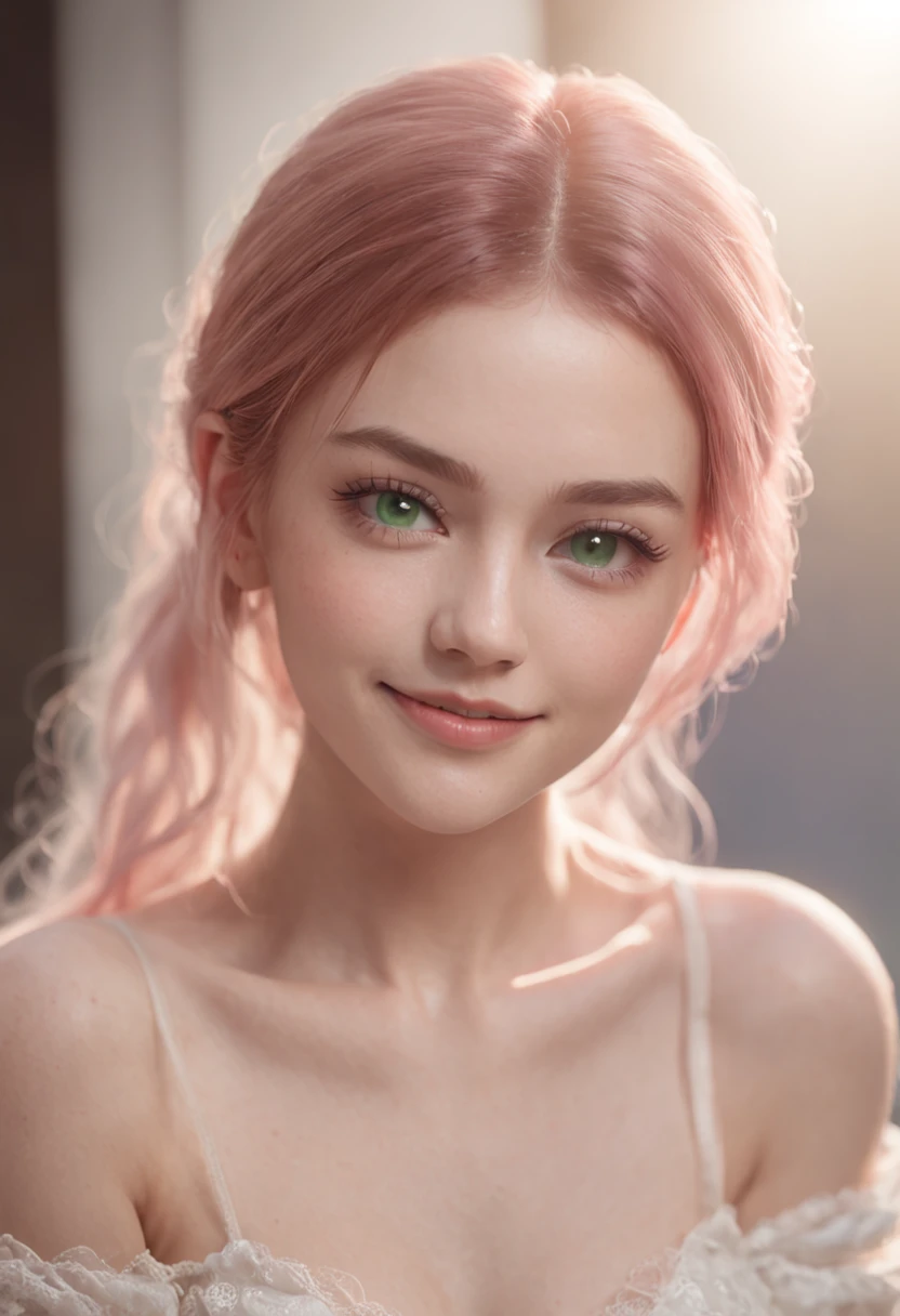 A close up of a woman with pink hair and green eyes - SeaArt AI