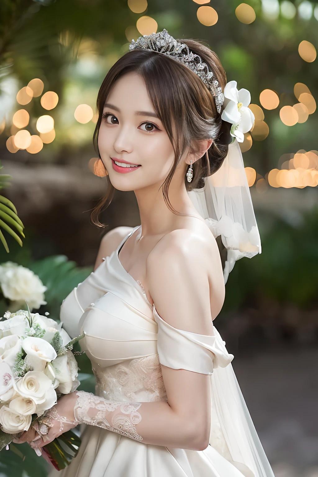 (Best Quality, masutepiece:1.2), (Realistic:1.3), (hyper detailed background, Detailed background), Bokeh,Shooting from the side,  ((medium breasts)), [[Valley]],(Princess Line Wedding Dresses:1.3),(((One-shoulder:1.3))), Bridal tiara, Bridal Veil, bridal gauntlets,  Upper body, (Wedding Venues in Hawaii:1.2), Smiling,