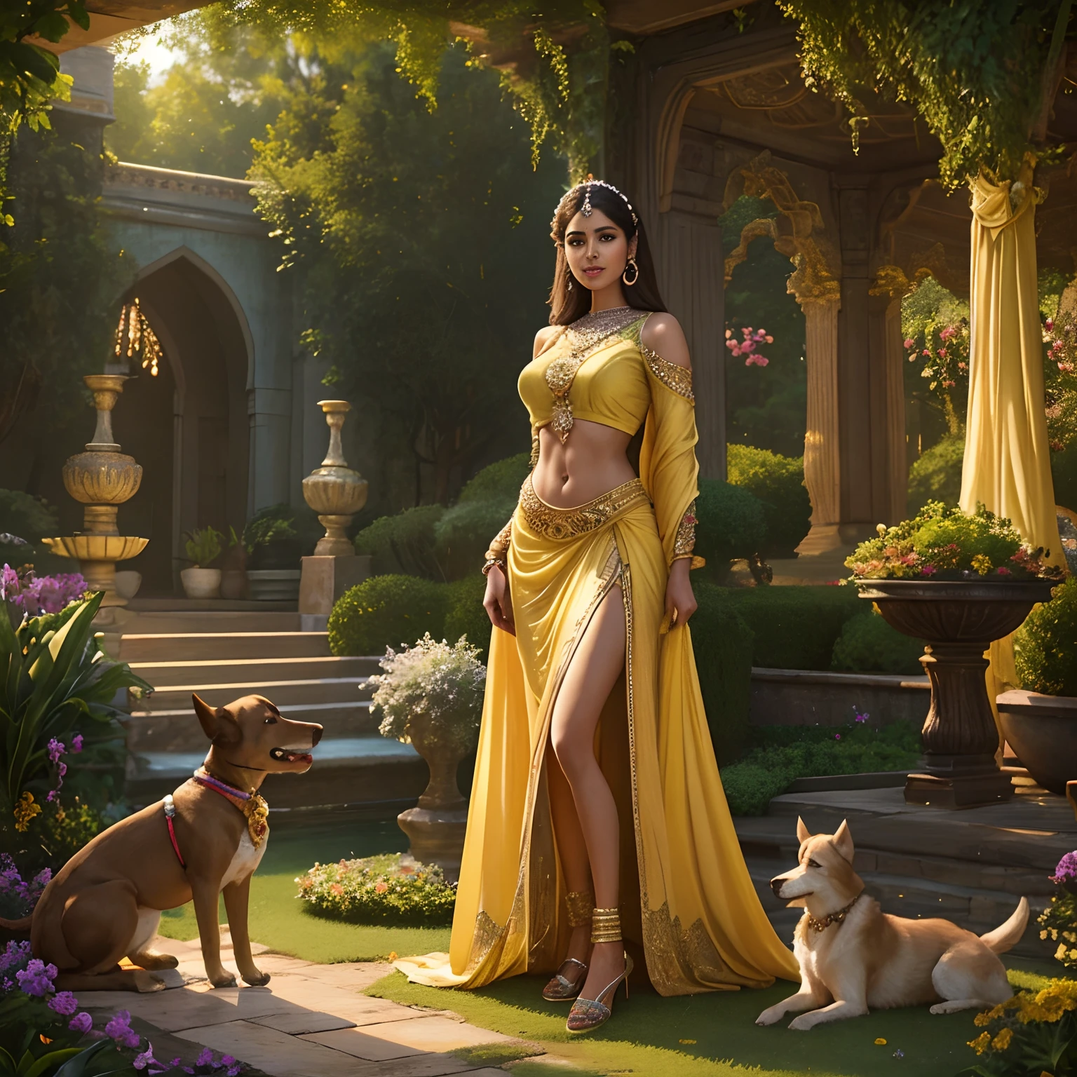 "Princesa indiana exibindo seu estômago tonificado e pernas longas, adornada com um elegante vestido amarelo claro com joias, em meio a um jardim pitoresco. Interagindo de forma divertida com seus cães. Representação realista com detalhes intrincados."