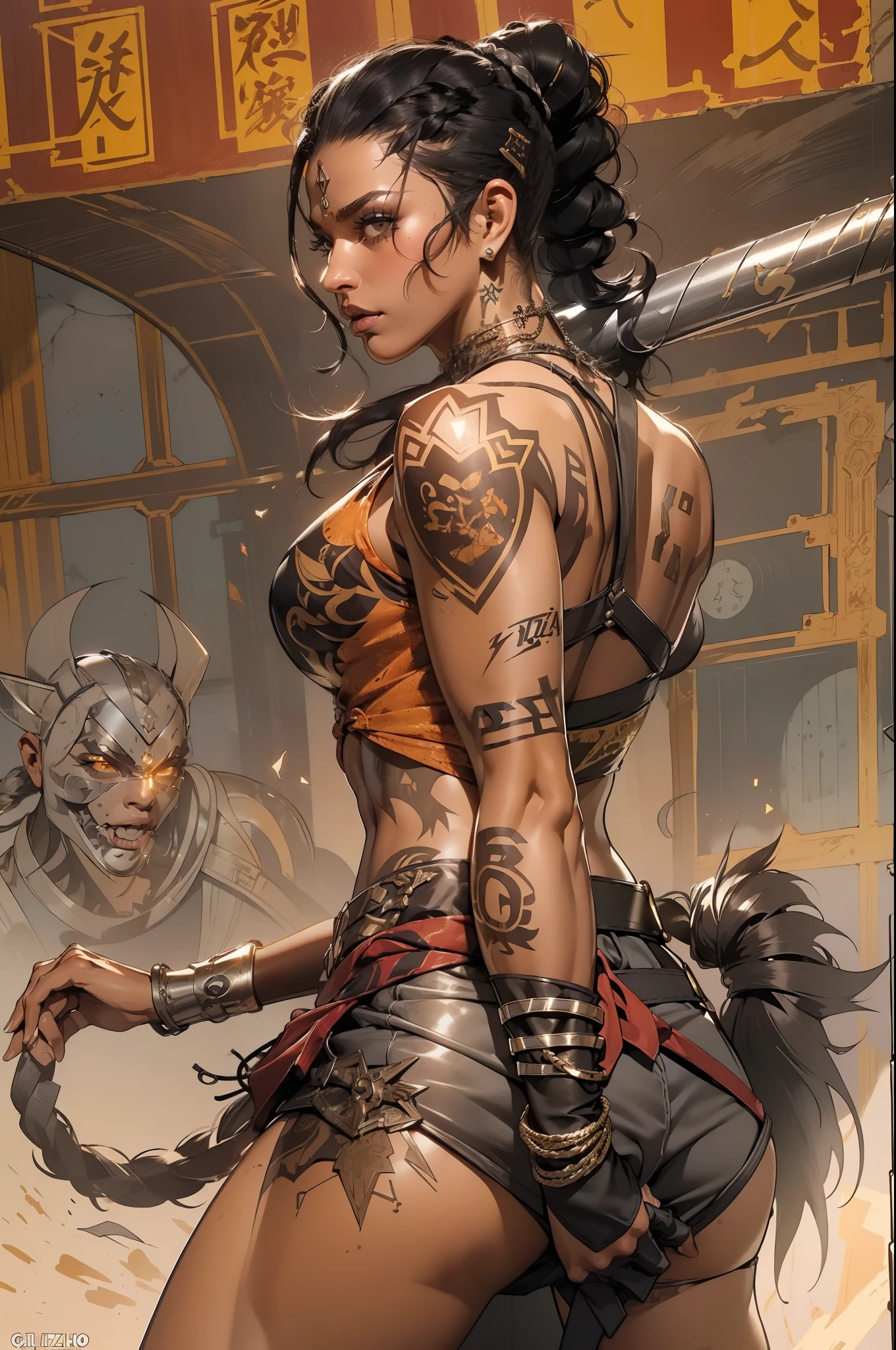 (((mulher))), (((melhor qualidade))), (((obra prima))), (((adulto))), laranja, Uma mulher gladiadora de 30 anos com corpo atlético, (((sozinho))), (((1 garota))) , Gladiadores do Brooklyn, quase nua no estilo selvagem urbano de Simon Bisley para a capa da revista Heavy Metal, cabelos pretos com ponytail, Roupas mínimas, listras laranja e preto, armadura, cheio de pontas e rebites, tatuagem Yakuza, (((do joelho pra cima))), cabelo bob haircut preto