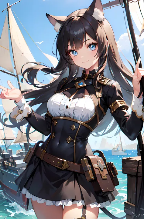 (super detailed), ((1 girl), adventurer, catgirl, ship, exploration, perfect eyes, smiling, 19th century, masterpiece, perfect hands, detailed hands