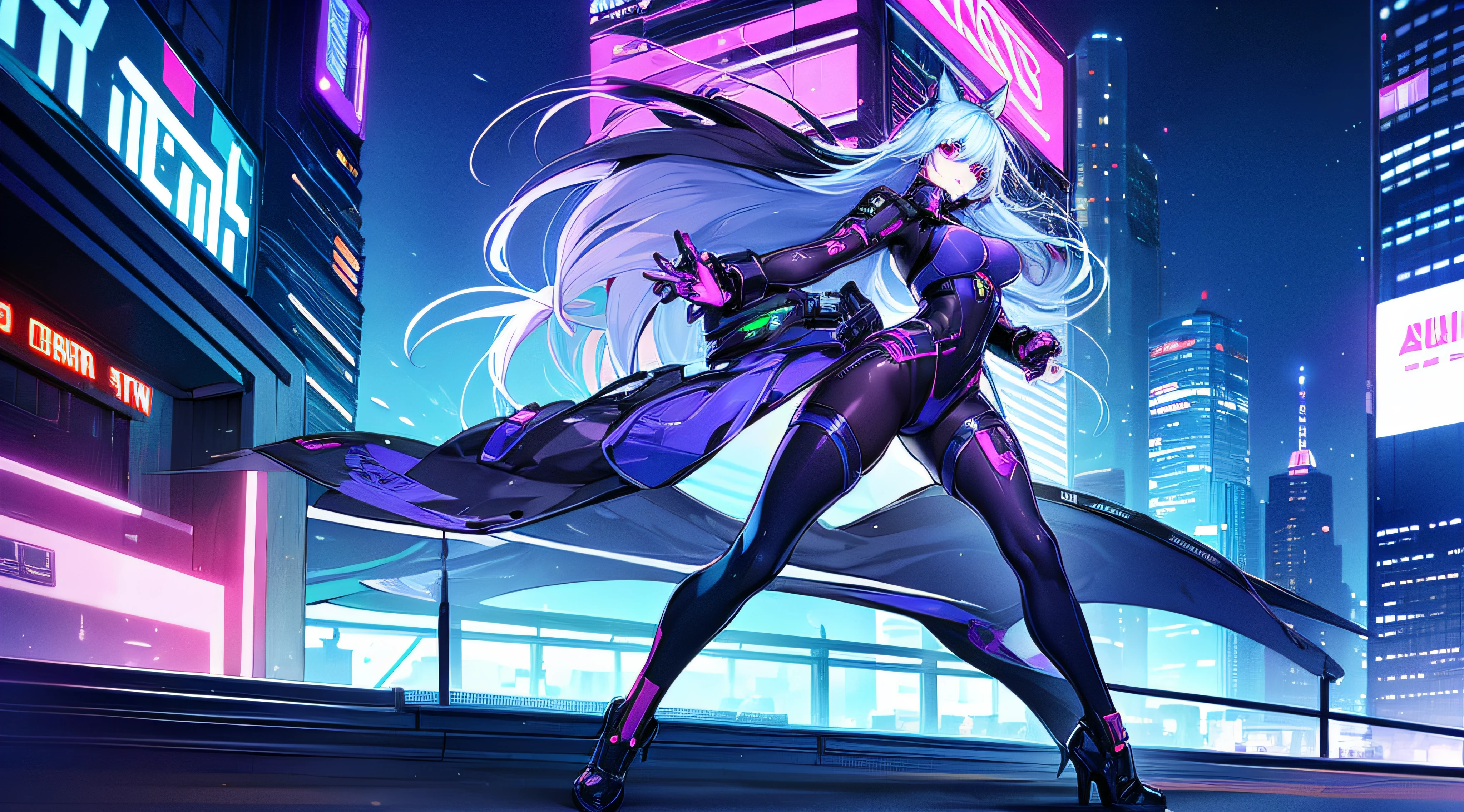 sprawling cyberpunk city with neon lights, with the main focus on sexy lady with a large bust small waist and big butt wearing a cat suit and holding a gun while sprinting through the city