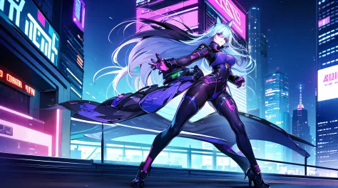 sprawling cyberpunk city with neon lights, with the main focus on sexy lady with a large bust small waist and big butt wearing a...