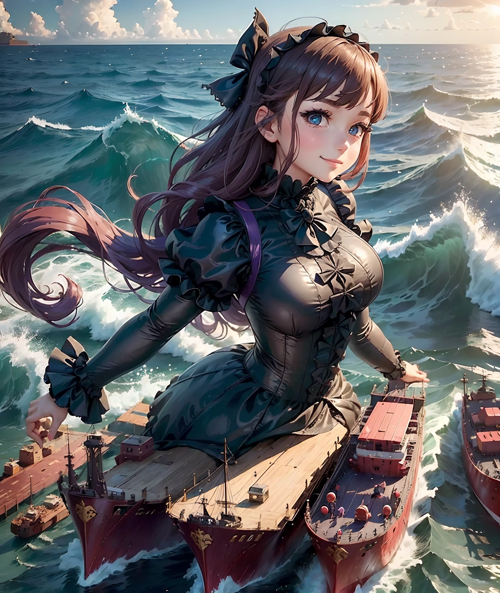 ((giantess girl. sea surface:1.2)). Beautiful girl sticking out of the surface of the sea. Rough seas. Ship in front of a girl. Girl wears a purple Gothic Lolita style dress. She looks younger. Her eyes are big. she is smiling. Wriggling tentacles. freighter.