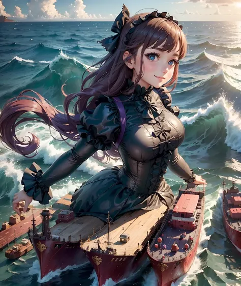 ((giantess girl. sea surface:1.2)). beautiful girl sticking out of the surface of the sea. rough seas. ship in front of a girl. ...