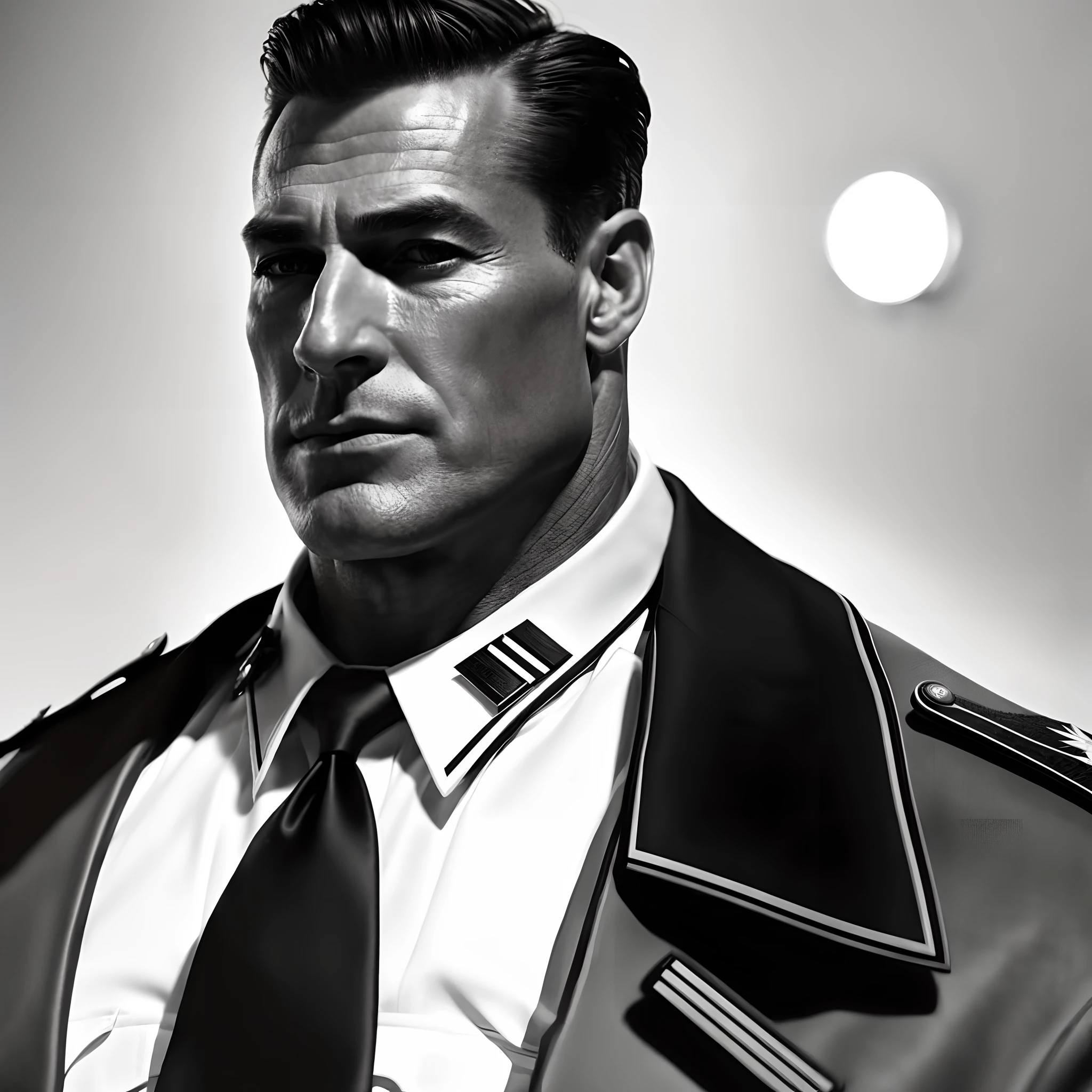 Most handsome man to ever live as a Police Chief during the world war 2, photography, soft lighting, soft details, octane, artstation trending, ultra high detail, ultra realistic, cinematic,16k, noir, absurdly detailed, intricate detail, by Alex Ross, extremely Handsome, ridiculously handsome, intimidating, tall and very muscular man, manly perfection, impossibly handsome, 50 years old, dilf, wrinkles, very squared chin, perfectly sculpted face, proeminent cheekbones