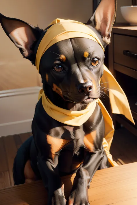 Black Pinscher sitting at the table wearing a yellow headscarf