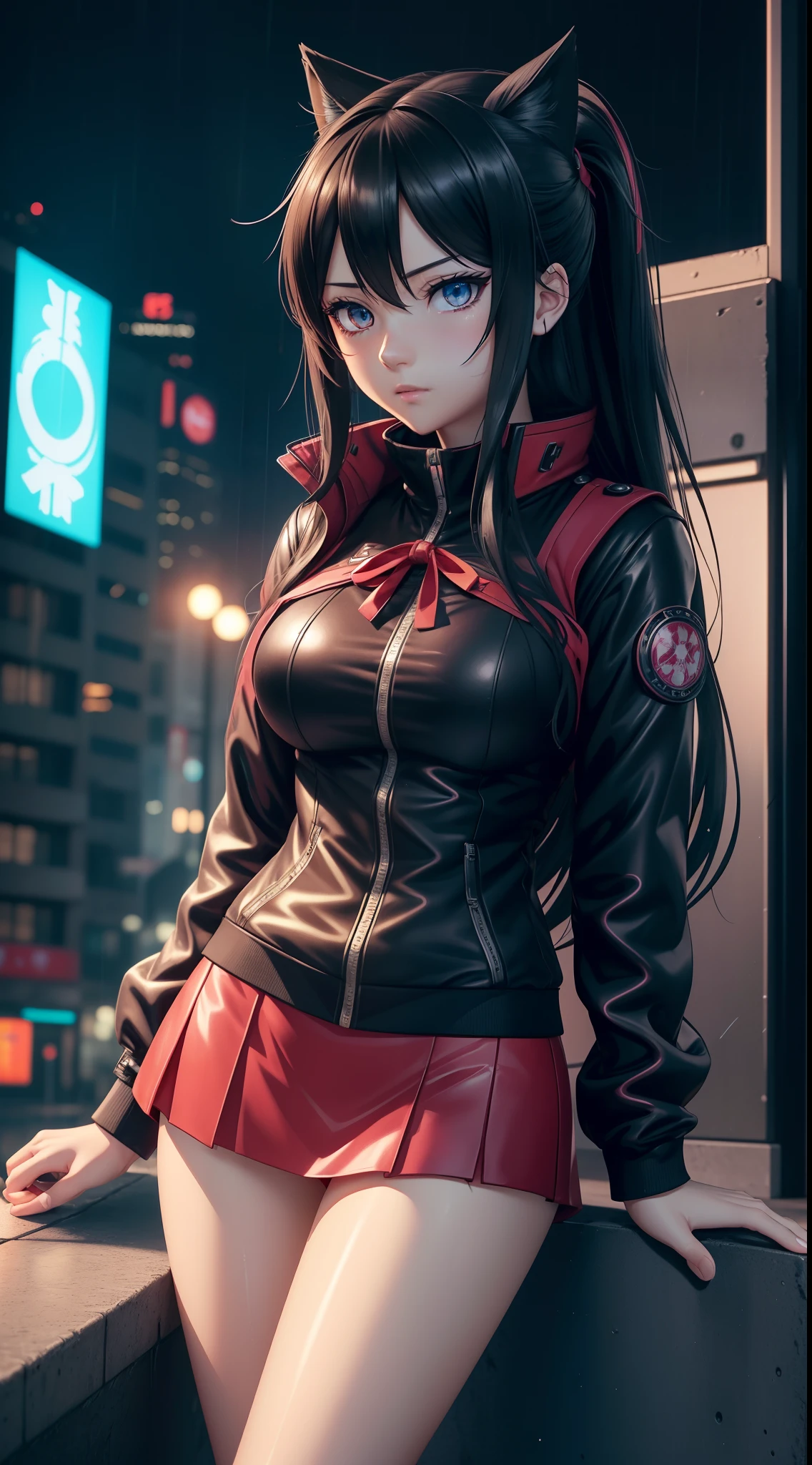 Photorealistic,Realistic illustration in Manga style,((Masterpiece)),((Best quality)),((Ultra detailed)),((1girl)),((only)),((waifu:1.5)), Perfect anatomy,Cute_face,Exceptionally Beauty Waifu Ahri as Nezuko Kamado as Rin Tohsaka Fate/Stay night,wet clothes,miniskirt,black socks,light-red_eyes,wavy hair,eyeliner,cute makeup ,((Perfect Detailed Eyes)),Cyberpunk City,rainy outside,night,((Extremely CG Unity 8K Wallpaper)),Intricate Detailing,Extremely beautiful and aesthetic,Octane Rendering,Full Body Portrait,damp skin,( (Perfect Detailed Body)),