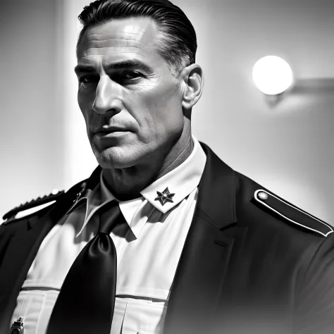 Most handsome man to ever live as a Police Chief during the world war 2, photography, soft lighting, soft details, octane, artstation trending, ultra high detail, ultra realistic, cinematic,16k, noir, absurdly detailed, intricate detail, by Alex Ross, extr...