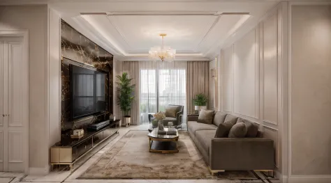 there is a living room with a couch, a fan and a television, interior living room, luxury condo interior, excellent 3d render, modern living room, very realistic 3 d render, vray 8k render, high end interior, fancy apartment, insanely detailed rendering, m...