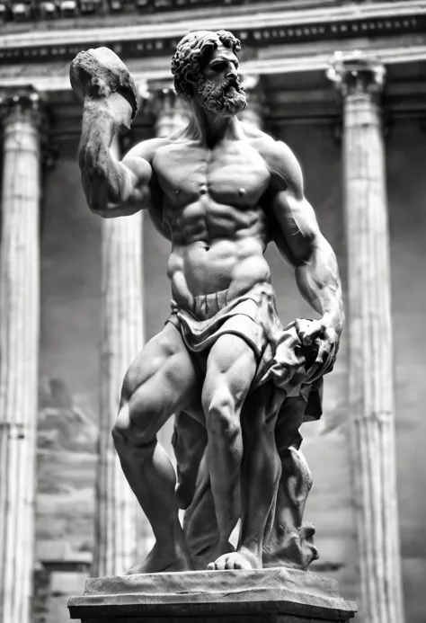 Muscular Philosopher Man Greek Statue, ultra detailed, breaking statues, gym pose, black and white, film photography, sharp focus, cinema shot, cinema scene, highly detailed, epic, dramatic lighting, left side zoom, closeup background with elements of Gree...