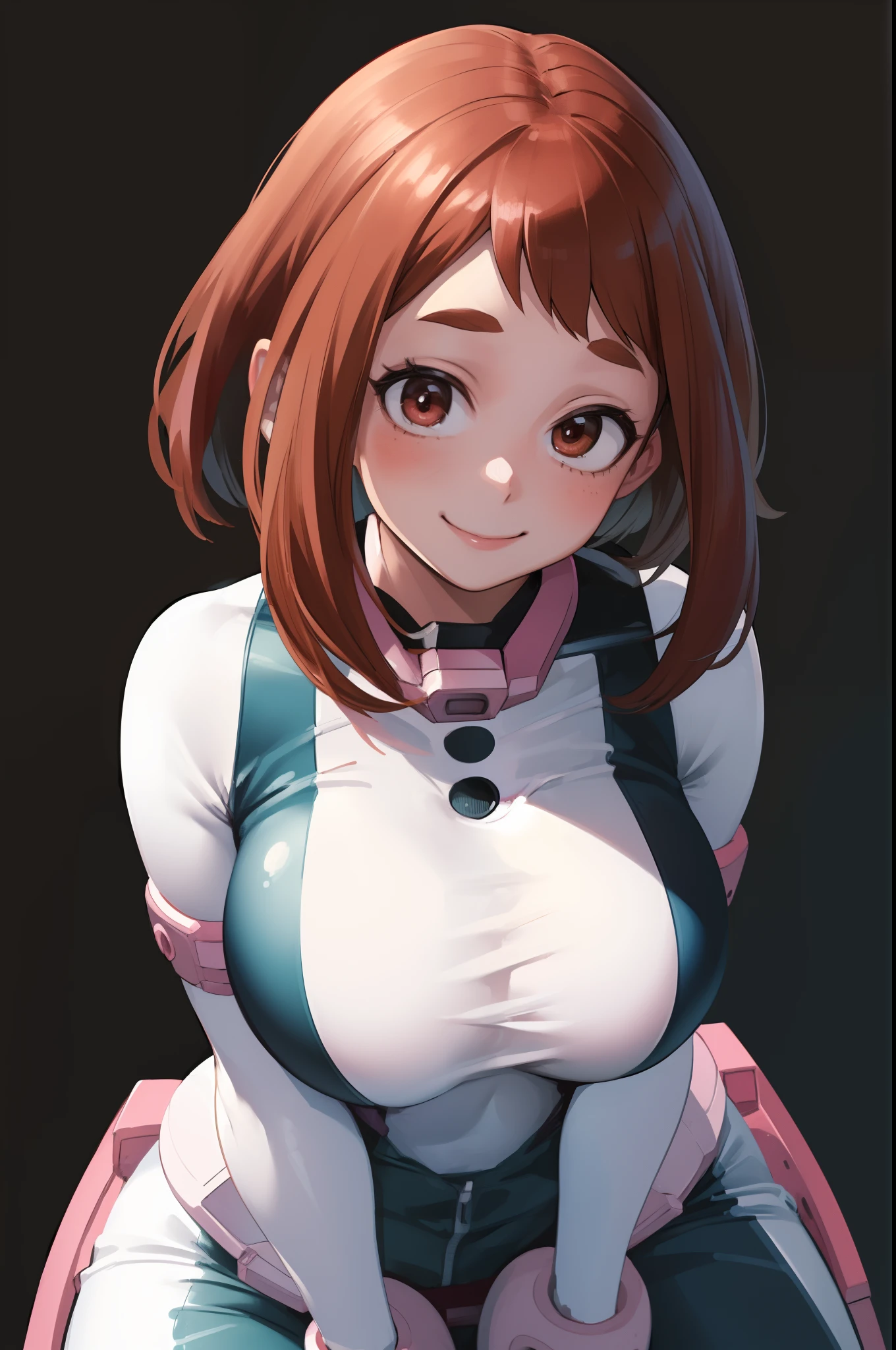 ((Obra de arte, melhor qualidade;1.3)), ultra detalhado, fundo detalhado, 1 garota, Sozinho, Sorriso,   Maiô,ochaco uraraka, olhando para o espectador, peito grande,ternos rosa,
fundo escolar, gravidade zero,realista, voando de cima