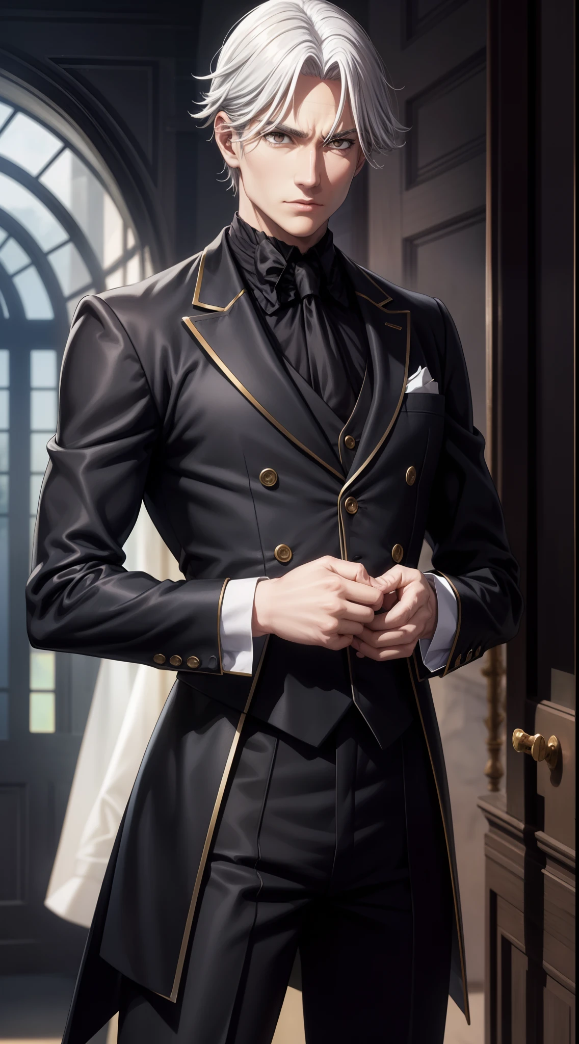 auf den Oberkörper fokussiert, realistisch, 1 Mann, weißes Haar, funkelnde braune Augen, schwarzer Butler-Anzug, Stehende Pose, (Hintergrund des Herrenhauses), perfekte Gliedmaßen,