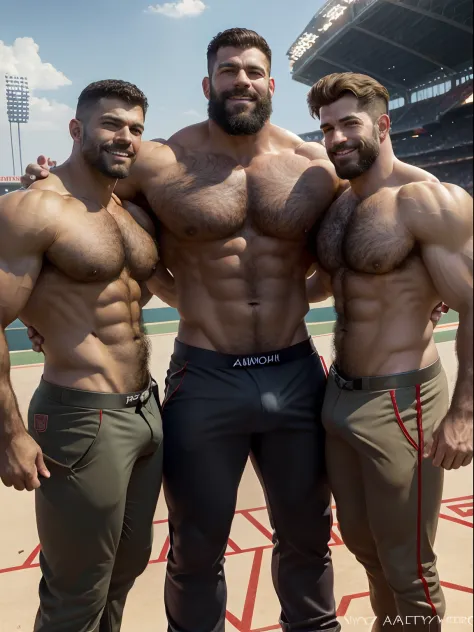 A three muscular Soviet Union soldiers on vacation, hairy body, alpha male, huge biceps, baseball pants, sunny stadium, snuggle together, threesome, smile, 4k, high detailed, beautiful, dark age, art by Stanley artgerm, by Daniel f gerhartz, by pino daeni,...
