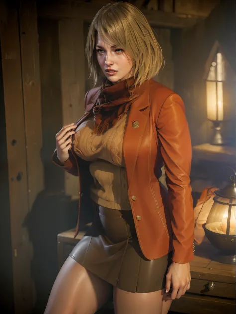 ashley graham an American woman from resident evil, on a old village whit a begie color sweater an mini skirt of brown fabric, b...