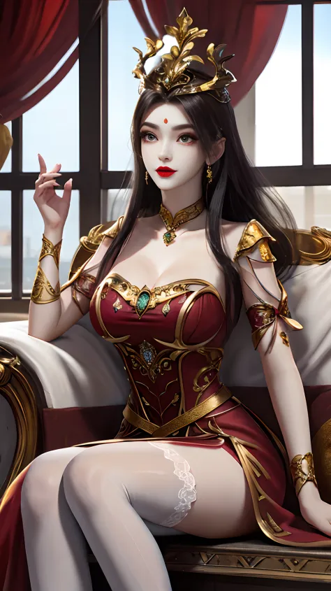 A beautiful queen, wearing a red antique dress with gold trim, beautiful face, long hair, a golden crown on her head, mysterious neck and hair jewelry, light red iris, round big eyes, thin and sharp eyebrows, every detail details of meticulous and sharp ey...