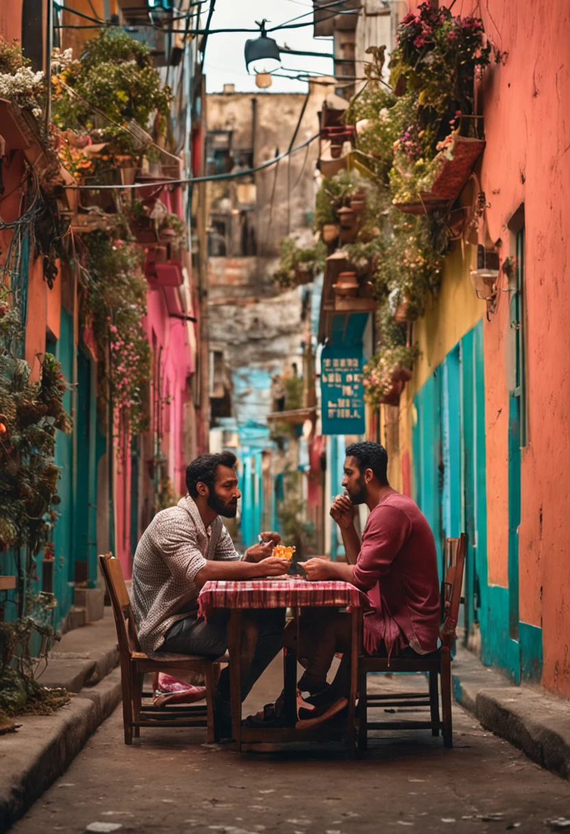 Two men sitting at a table in a narrow alleyway - SeaArt AI