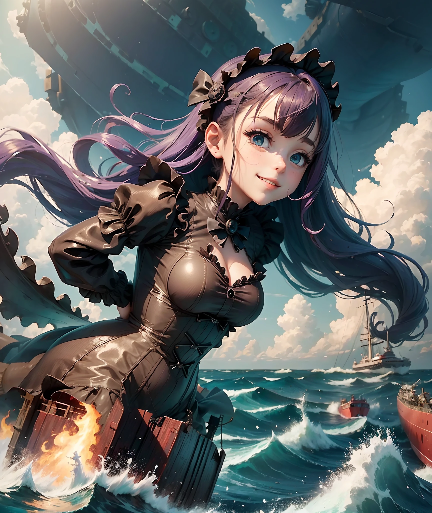 ((giantess girl. sea surface:1.2)). Beautiful girl sticking out of the surface of the sea. Rough seas. Ship in front of a girl. Girl wears a purple Gothic Lolita style dress. She looks younger. Her eyes are big. she is smiling. Wriggling tentacles. freighter.