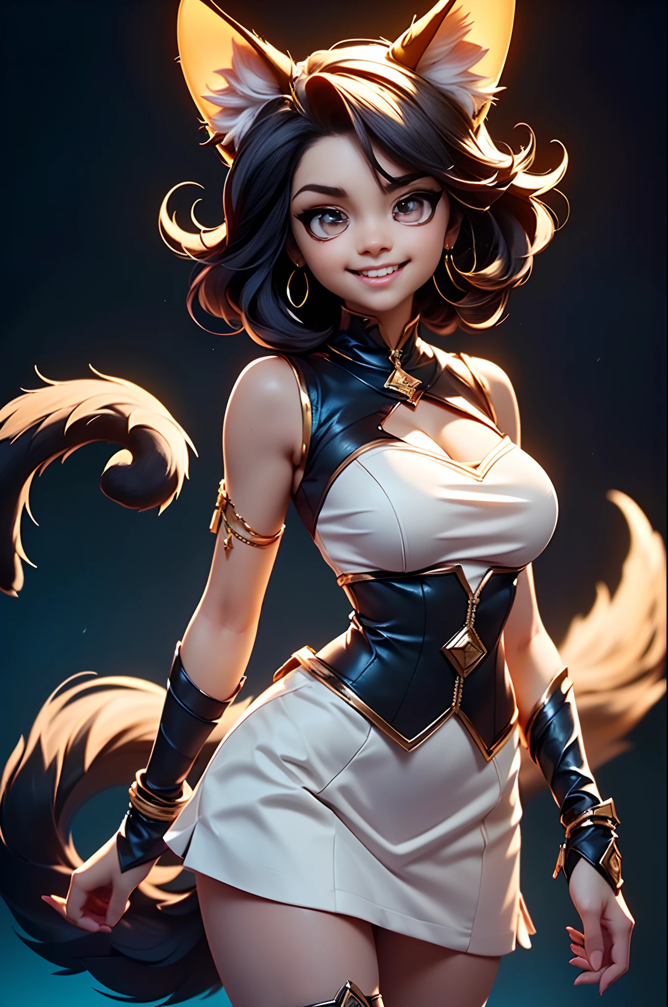 (Beautiful woman face:1.5), (Cute image standing all over the body:1.5), (Cat-like furry body and cat's paws:1.5), (The paw is on the chin:1.2), (Cute), ( anime styled 3d:1.5), pleatedskirt, White color blouse, (Hairy limbs:1.45), (Very long, Fluffy fox tail:1.45), (Extremely detailed CG Unity 16k wallpaper:1.3), Dynamic Angle, the golden ratio, (tmasterpiece:1.37), (Detailed:1.15), (view the viewer), Cinematic light, Side lighting, hdr, Perfect iris, (+Perfect hand+:1.21), Lifelike texture, （realisticlying：1.37）, (happy laughing:1.1), Ray tracing, hyper HD, (Best quality:1.13)