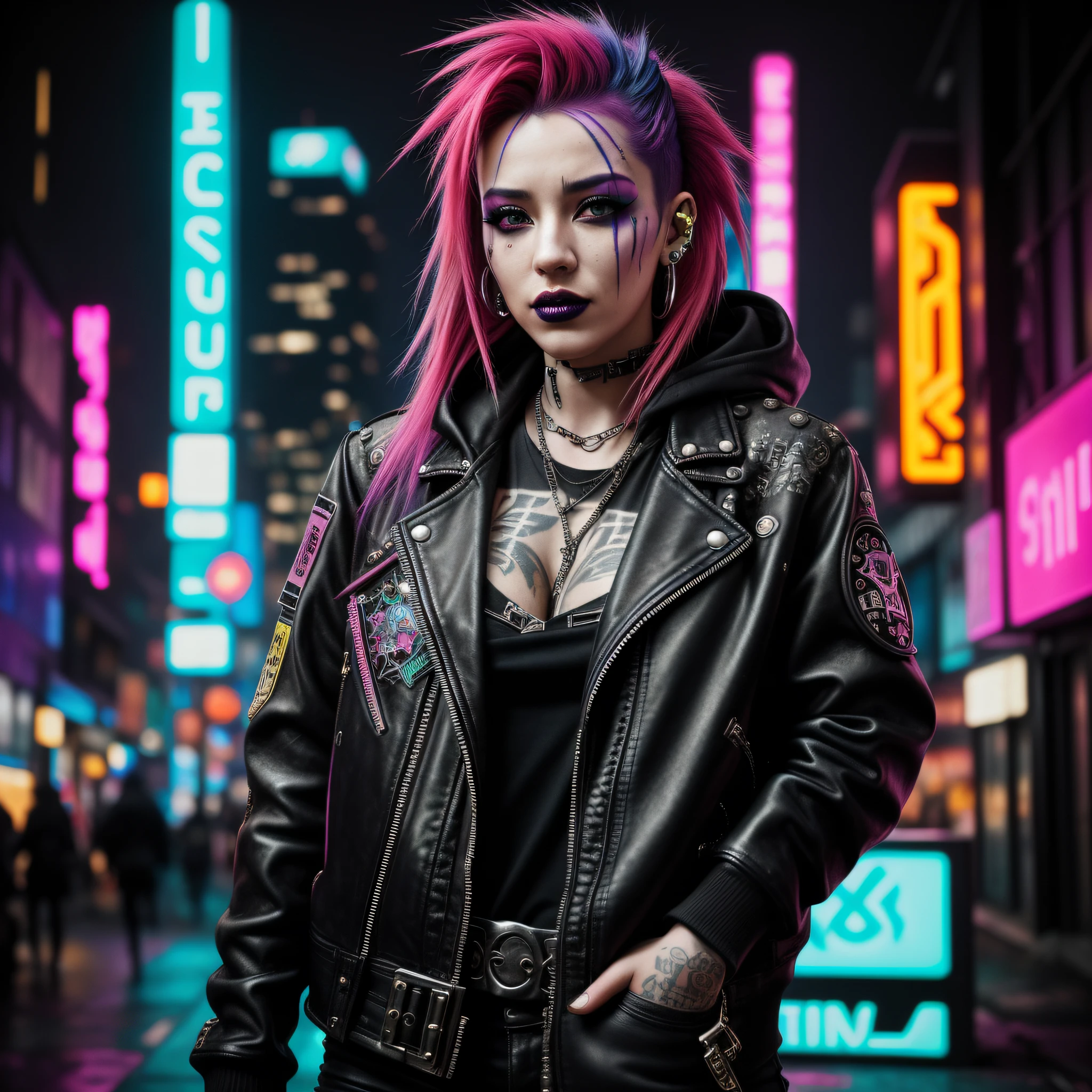 A photo of a rebellious cyberpunk female, with vibrant dyed hair and facial piercings. She wears a patched leather jacket adorned with rebellious cyberpunk symbols. The backdrop is a dystopian city street, filled with graffiti-covered walls and flickering neon signs. Acid rain pours from the sky, creating a gritty and atmospheric ambiance. The camera is positioned at eye level, capturing her defiant expression and the vibrant energy of the cyberpunk subculture.  7cy6er7p0nk9